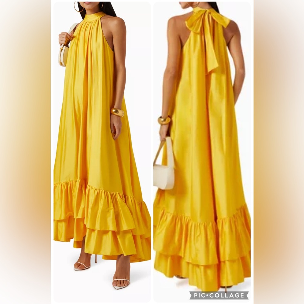 Alice + Olivia Yellow Halter Ruffle Maxi Dress